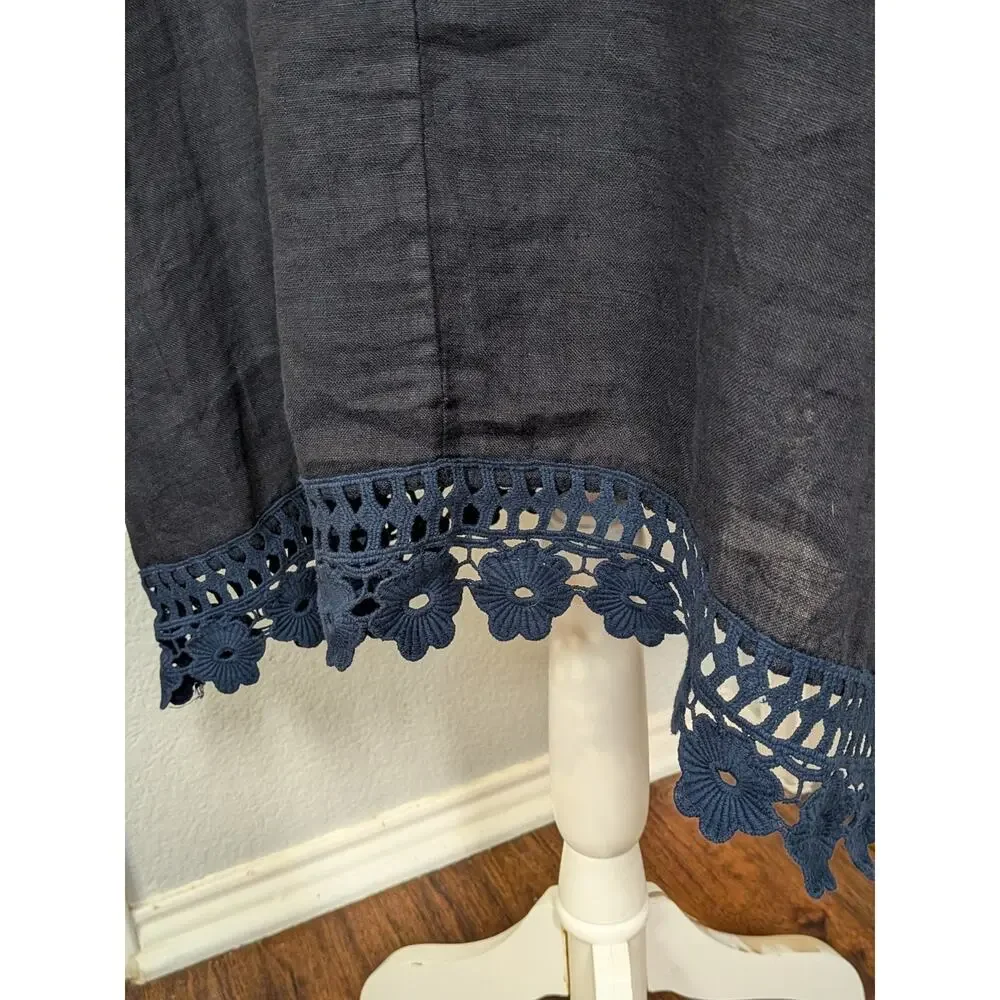 Bellambra Navy Linen Dress Size 1X Made In Italy Crochet Trim Short Sleeve - Picture 4 of 10